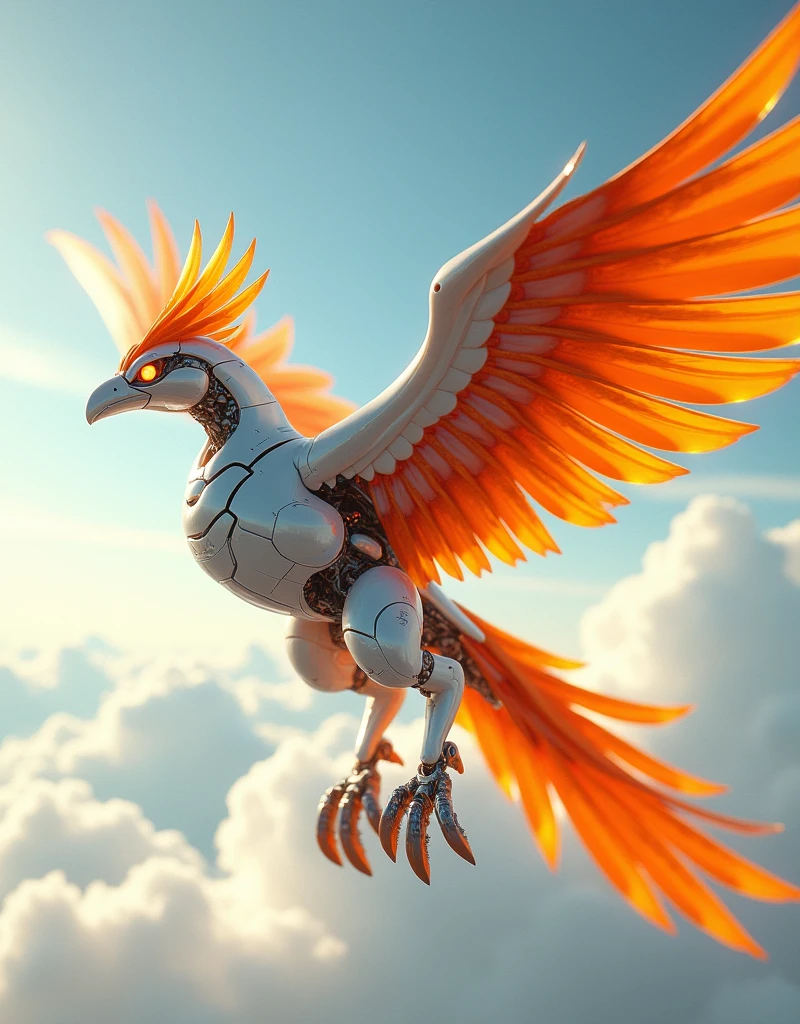 a phoenix robot made from white metal, soaring on the sky in high speed, cinematic lighting, spreading the wings and gliding, glowing orange eyes, steel orange wings, steel orange tails, iron claw, vivid color
