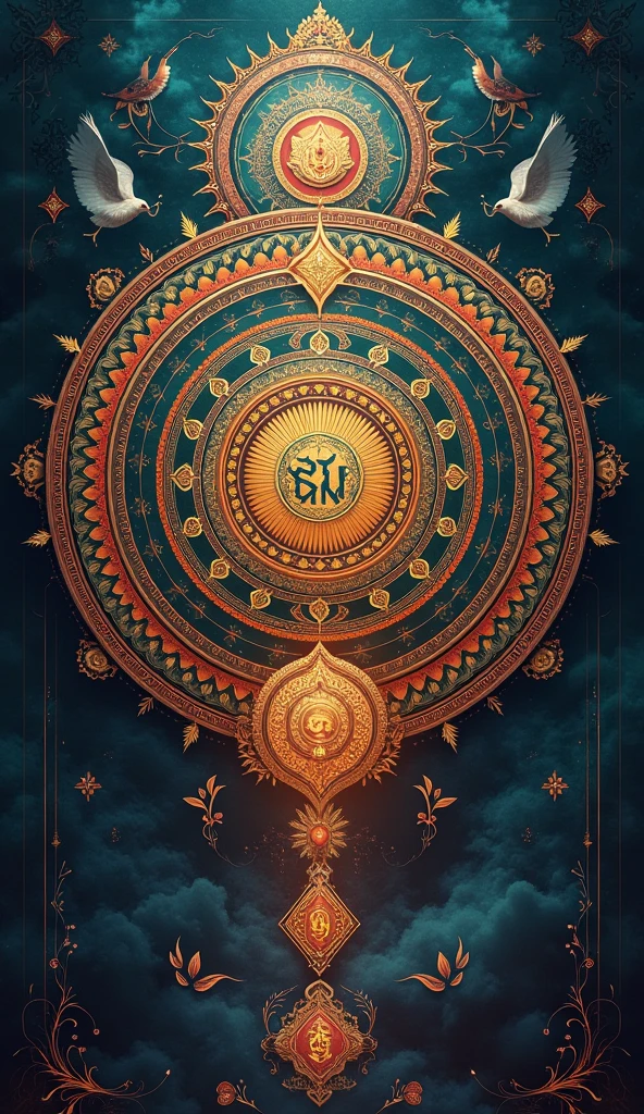 Aesthetic High definition wallpaper based on colorful, detailed and elaborated illustratioed ambigram on Hindu culture, scriptures & symbols in vedic and gothic combined style and circular mandala form with an astounding background