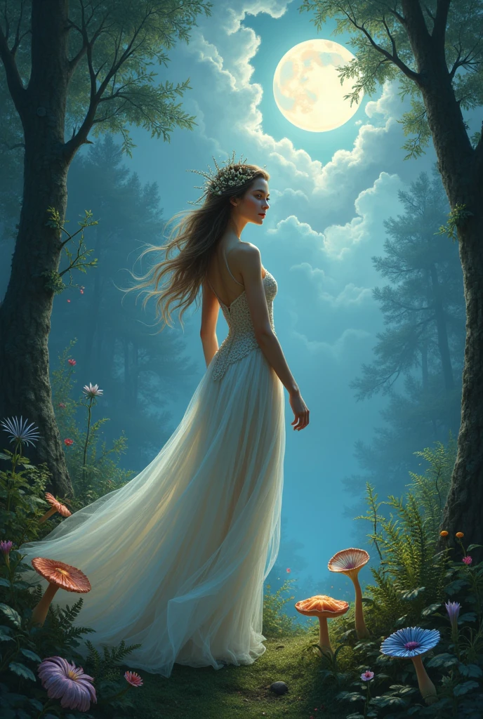 Draw a beautiful slender mythical girl in a fairytale forest against the backdrop of the rising moon and clouds