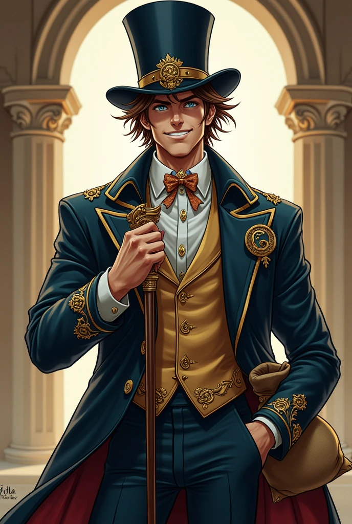 dnd, dungeons and dragons, noble, normal round human ears, human, slender, very rich, clean, wealthy, holding a bag of money, solo, single person, portrait, action pose, white skin, opulent, stylish, short shaggy brown hair with highlights, icey blue eyes, top hat, cane, handsome, laughing, funny, male, anime, comic book, expensive robes, expensive jewelry, fancy, peaceful, grandiose, ((masterpiece, best quality)), trending artwork