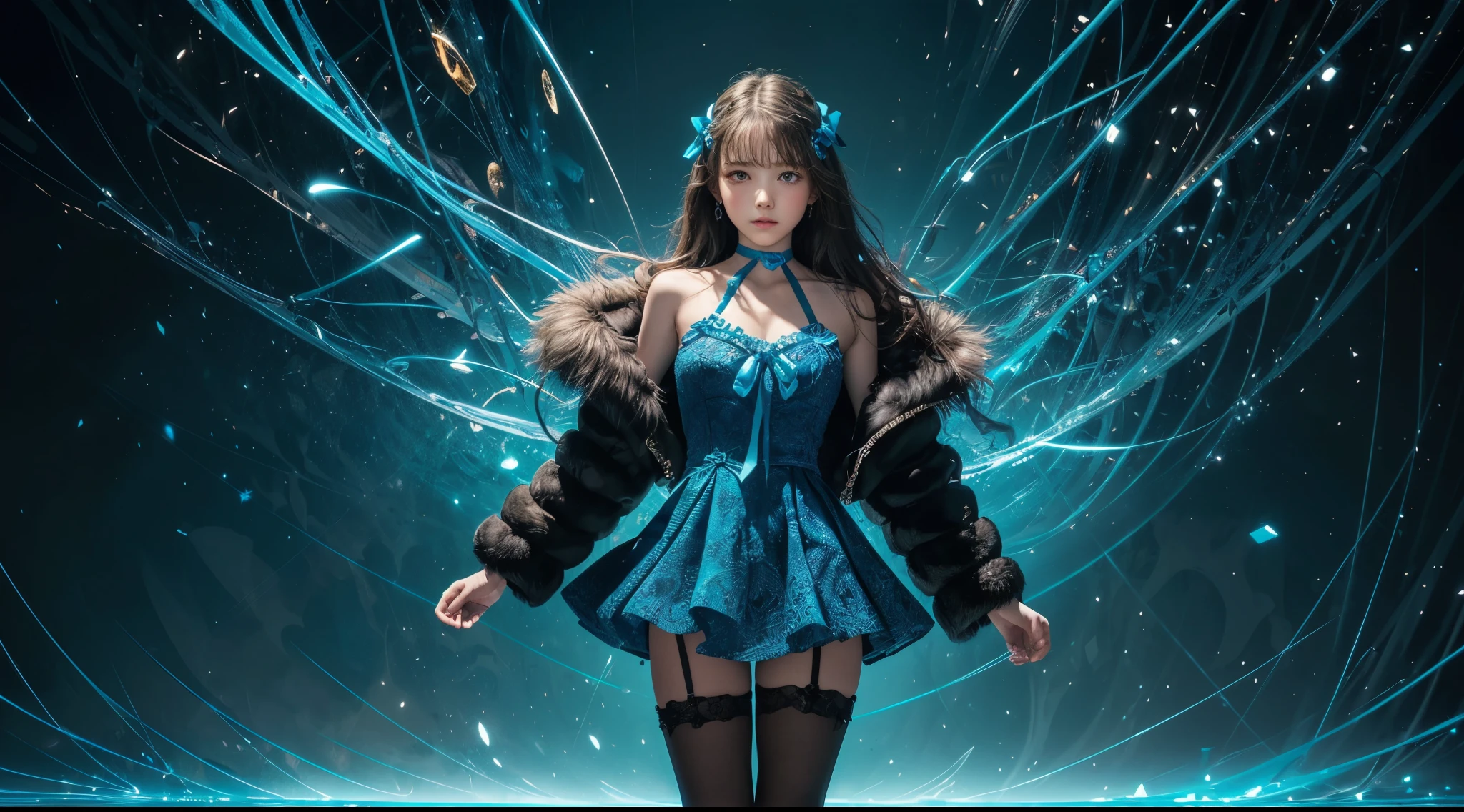 girl, standing, cropped fur coat, fur-trimmed dress, deep round neckline, (yo, cute:1.6), (breasts:1.2), very long hair, straight hair, thighs, detailed face, looking at viewer, parted lips, frilled bow choker, high bloom light, overexposed edges, complex construction, abstract background, chaotic intersected relief circles pattern over old silver texture, blue spark, hyper detailed in blue lighting, vibrant colors, masterpiece, (masterpiece, top quality, best quality, official art, beautiful and aesthetic:1.2), (fractal art:1.2), absurdres, highres, (zentangle:1.2), floating hair, shiny skin, (abstract:1.2), pantyhose, complex, (close-up shot:0.4),