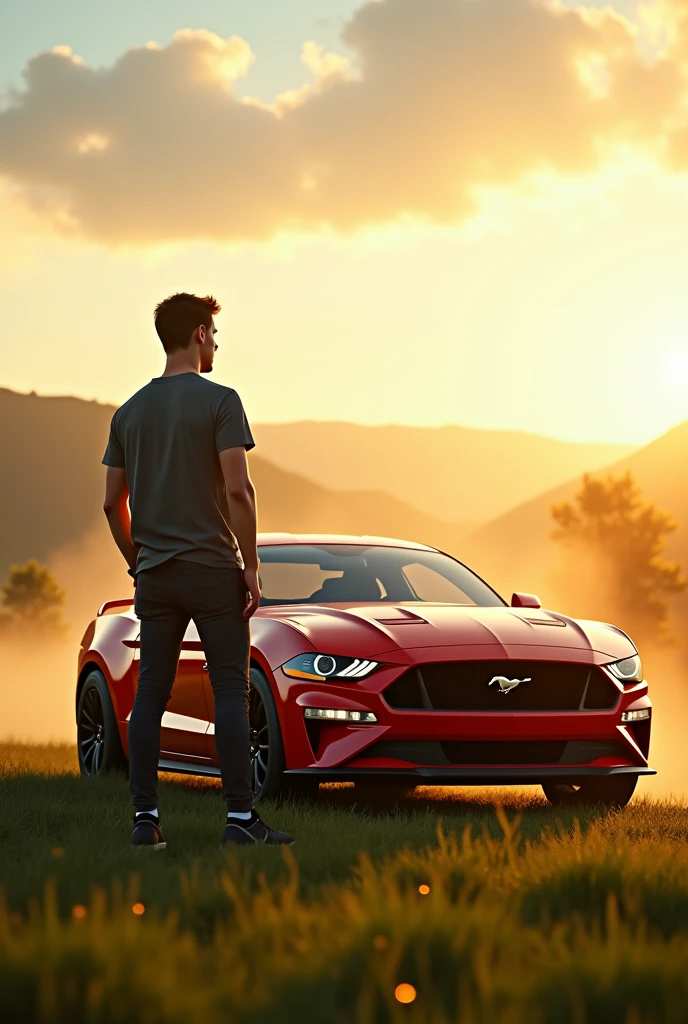 Boy with a mustang car in morning