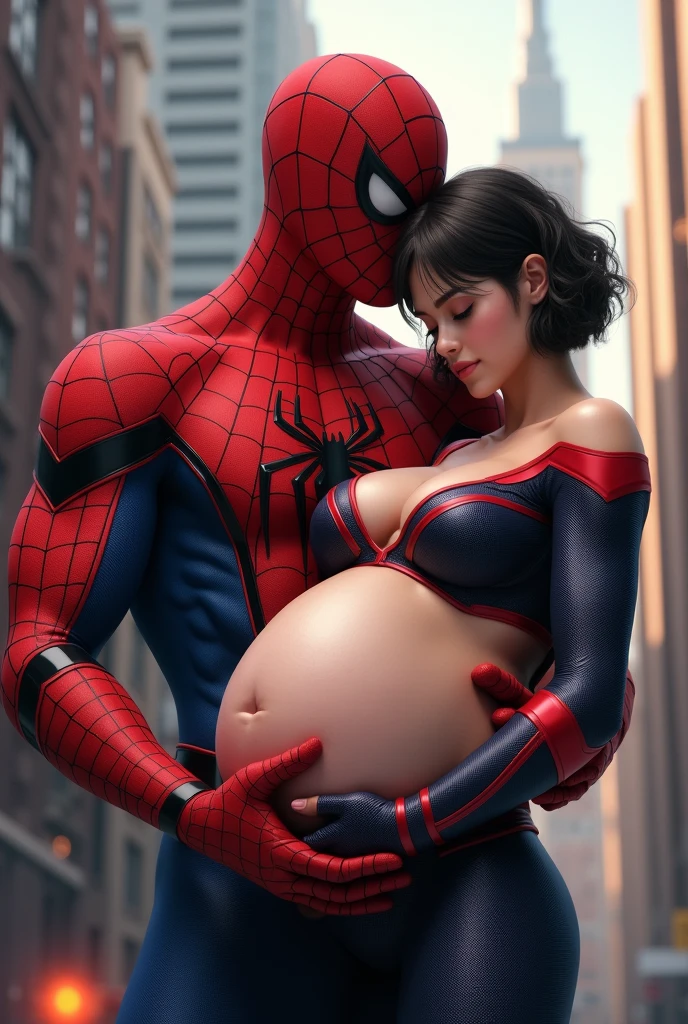 Bee was carried bridal style by spiderman who looked very protective of her.
Bee:A girl with short hair, black hair, brown eyes she fair skin, pregnant appearance, huge breasts,beautiful, sexy