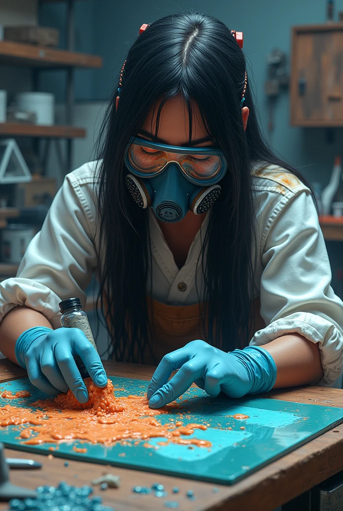 Resin artist with black hair wearing a chemical mask and gloves
