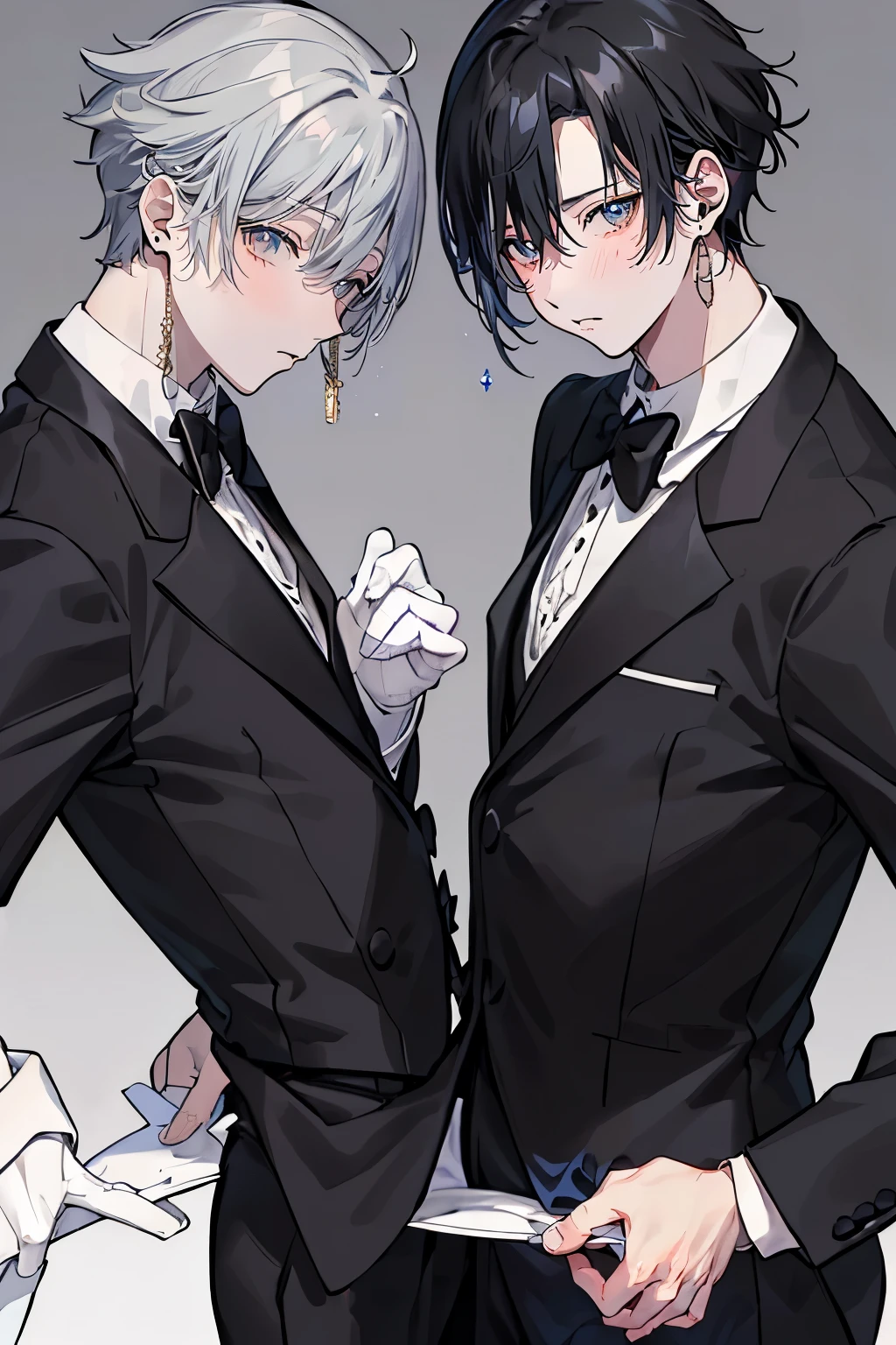 (Mastepiece)、(Best Quality)、Very detailed、((Two butlers:1.5))、Perfect Face、Beautiful Face、Very detailedな顔、(Black-haired man:1.3)、(Grey-haired man:1.3)、Deacon&#39;s uniform、Monocle