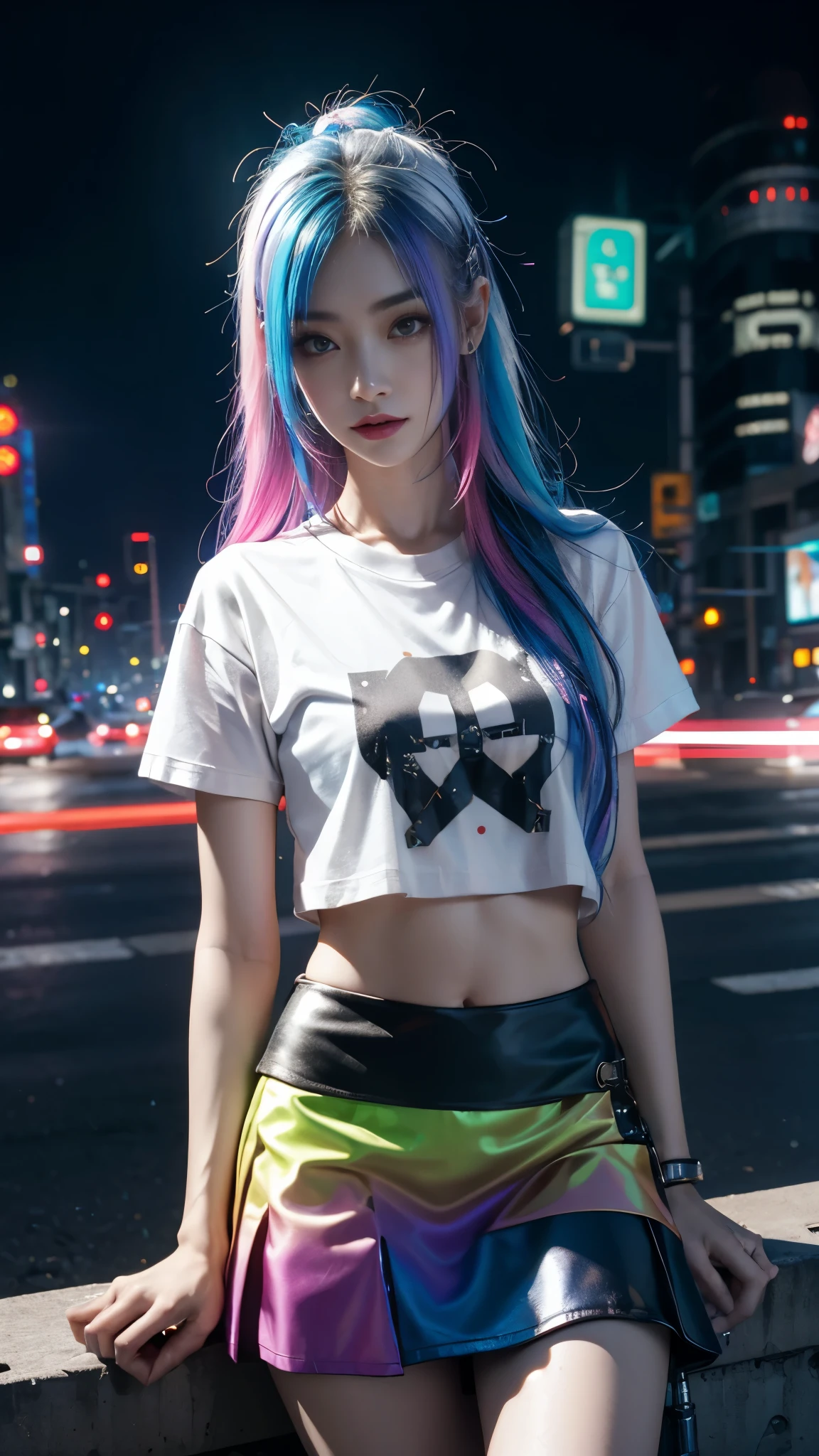 8k, UHD, masterpiece, 1 girl, ((good face)), very long hair, light makeup, (white skin:1.2), detailed eyes, small bust, simple cyberpunk clothing, ((rainbow t-shirt)), ((mini skirt)), (cyberpunk lighting:1.4), (building roadside), light effect, light reflection, ((spreading lights)), cyberpunk, cybercity, futuristic, (night), ray tracing, bloom, perfect pose, sitting,