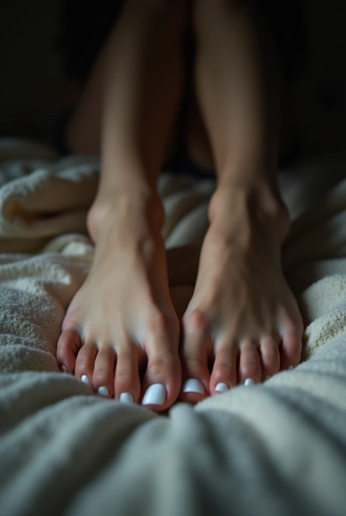 Foot picture with white nails. Look realistic and young. Photographed from the front on a blanket. Darkly lit. 