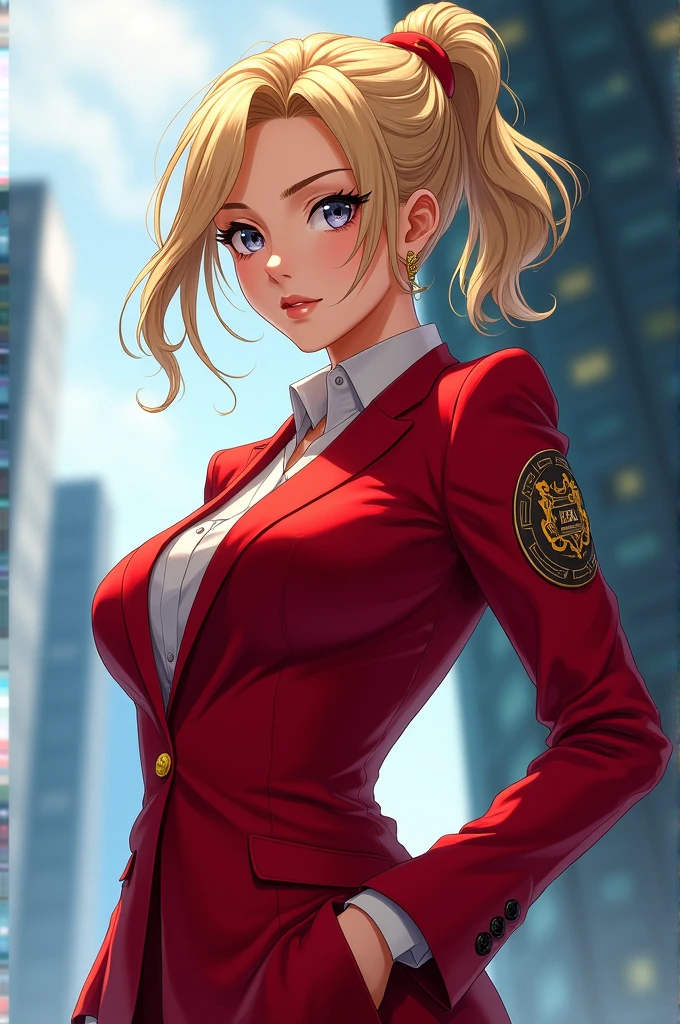 Anime businesswoman with blonde hair and red suit with symbols on her arm