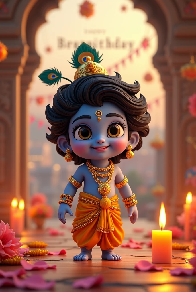Make A Image of lord Krishna for his birthday 3D Cute Animation and Also Many Wishes For His Birthday by "Anand " Main Text in Background
