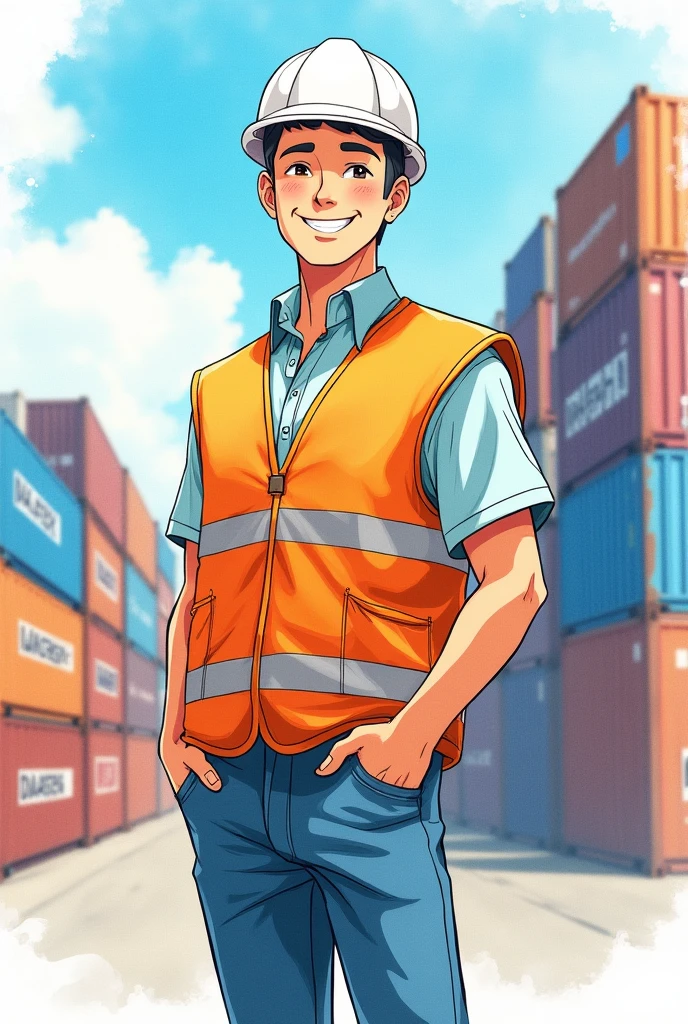 Hello, I want a picture of an International Business man, tender, smiling, Without beard, without glasses, from Studio Ghibli, watercolor sketch, in the background that has the DP WORLD Callao port, and that has MAERSK containers, that has a white helmet, orange safety vest and jeans, that the image is up to the knee