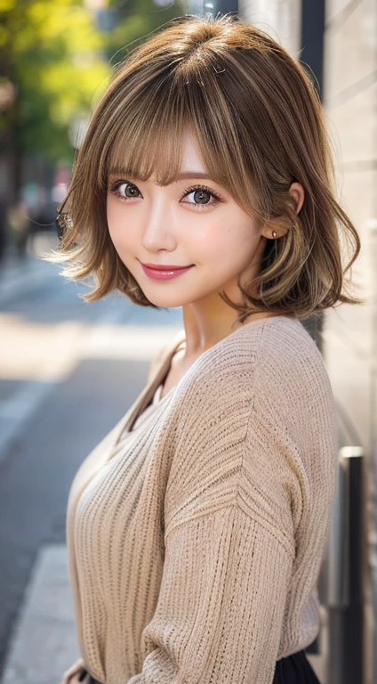 Happy smile seeing this、In the city、(Highest quality,8K quality,masterpiece:1.3,),(Ultra-high resolution:1.3,Realistic:1.4,RAW Photos:1.2),(Very detailed:1.2,Glowing Skin,Detailed skin:1.1),(Detailed face,Perfect Anatomy,Caustics:1.2),,1 person,cute,Japanese,1,Japanese Ido,Brown Hair, [(Brown to blonde gradation:1.4):0.4], Medium Hair,Curl short hair outward,cute目,Natural Makeup,bright casual clothes,Laughter,Looking into the camera,On the face,Face Focus,Professional Lighting,Natural soft light,
