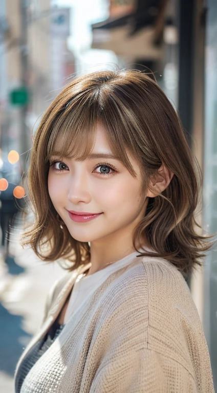 Happy smile seeing this、In the city、(Highest quality,8K quality,masterpiece:1.3,),(Ultra-high resolution:1.3,Realistic:1.4,RAW Photos:1.2),(Very detailed:1.2,Glowing Skin,Detailed skin:1.1),(Detailed face,Perfect Anatomy,Caustics:1.2),,1 person,cute,Japanese,1,Japanese Ido,Brown Hair, [(Brown to blonde gradation:1.4):0.4], Medium Hair,Curl short hair outward,cute目,Natural Makeup,bright casual clothes,Laughter,Looking into the camera,On the face,Face Focus,Professional Lighting,Natural soft light,