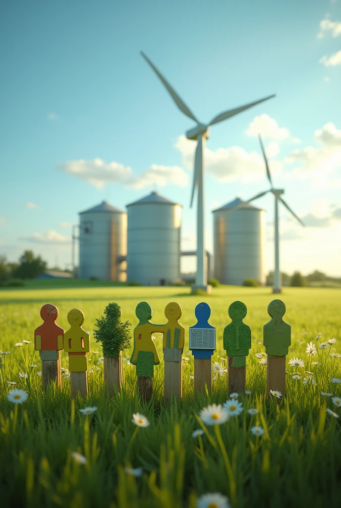 Generate an image with horizontal aspect ratio 16:09 that symbolizes renewable energy and contains small pickets, symbolizing biomass, solar and wind energy, and biodigester symbolizing biogas