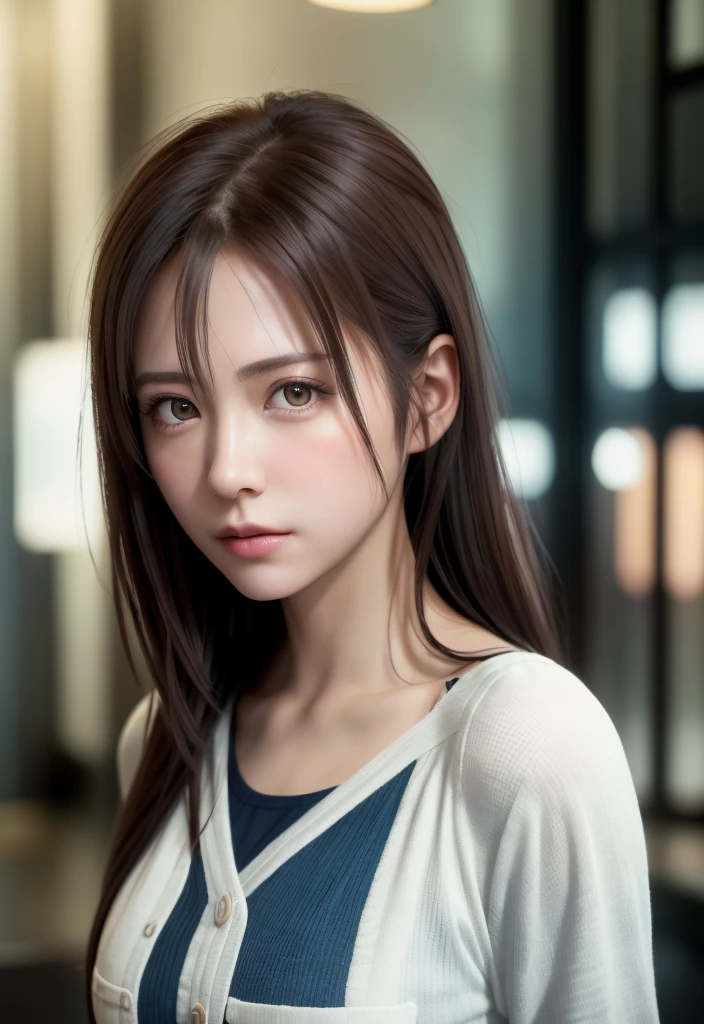 8K, of the highest quality, masutepiece:1.2), (Realistic, Photorealsitic:1.37), of the highest quality, masutepiece, Beautiful young woman, Pensive expression, Thoughtful look, Dressed as a female doctor, Hair tied back, Messy mood, Cinematic background, Tired, Light skin tone