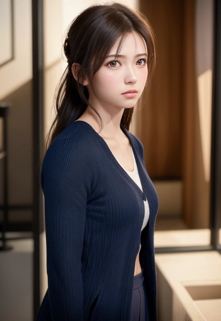 8K, of the highest quality, masutepiece:1.2), (Realistic, Photorealsitic:1.37), of the highest quality, masutepiece, Beautiful young woman, Pensive expression, Thoughtful look, Dressed as a female doctor, Hair tied back, Messy mood, Cinematic background, Tired, Light skin tone