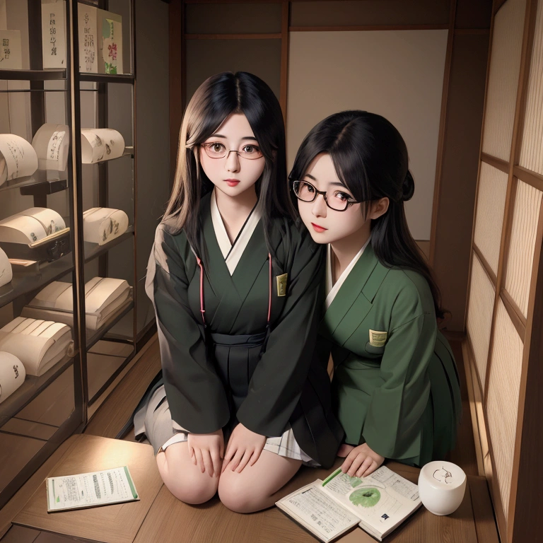 Pretty Japanese schoolgirl with light skin, green monolid eyes, a soft round face, glossy lips, thick long deep black, big round black wire frame glasses, wearing a Japanese school uniform in a Japanese city