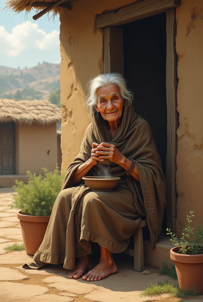 A old woman sitting outside her mud house holding a cup of tea 