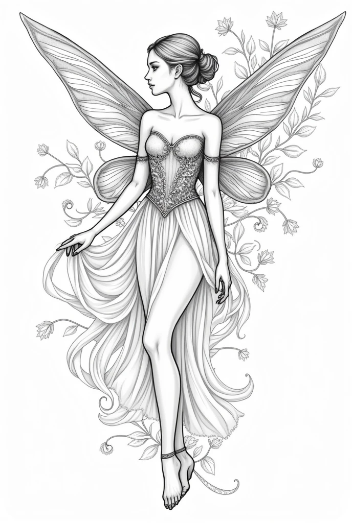 A 4k quality adult coloring book page of a fairy, based on historic writings, high detail, with appropriate back ground no color, no darkened areas, no grey scale, no shadow.