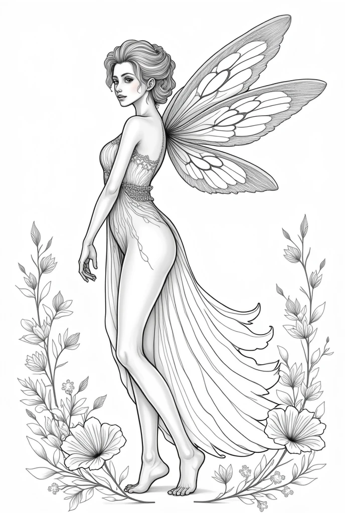 A 4k quality adult coloring book page of a fairy, based on historic writings, high detail, with appropriate back ground no color, no darkened areas, no grey scale, no shadow.