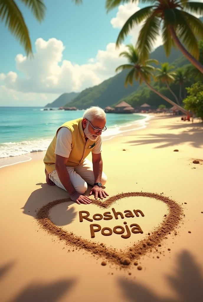 PM modi making heart on sand of beach and name in heart Roshan love Pooja