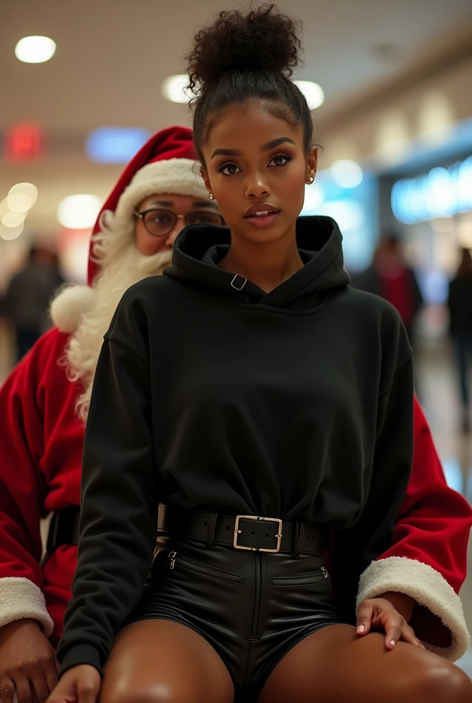 black woman hair in a bun black hoodie black leather short shorts excited look on her face with eyes really big and wide open setting on santa claus lap at the mall side shot