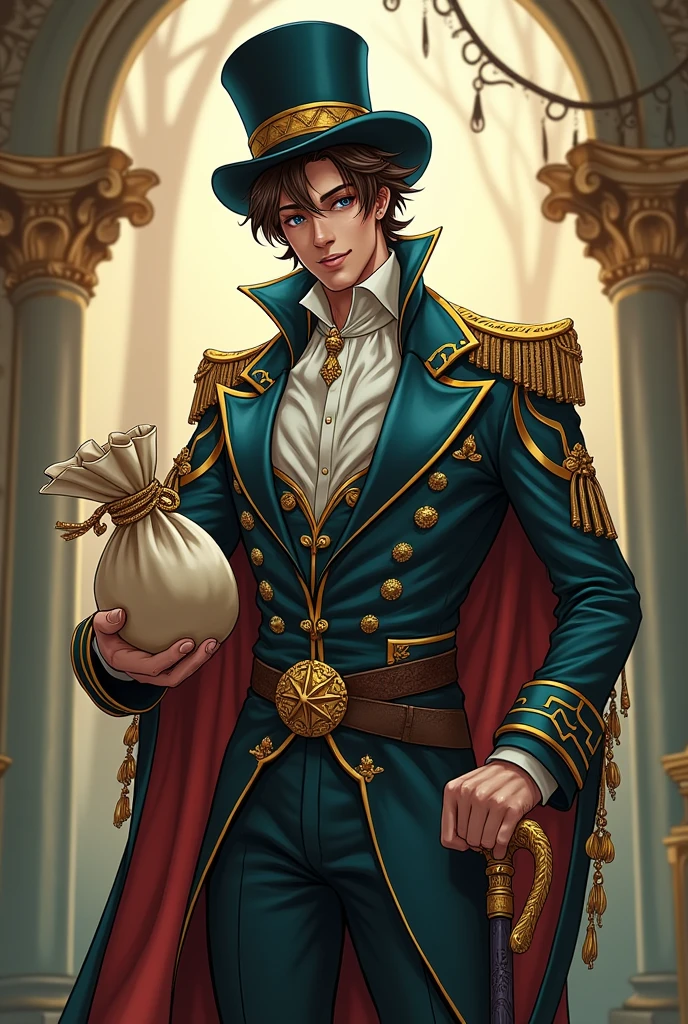 dnd, dungeons and dragons, noble, normal round human ears, human, slender, very rich, clean, wealthy, holding a bag of money, solo, single person, portrait, action pose, white skin, opulent, stylish, short shaggy brown hair with highlights, icey blue eyes, top hat, cane, handsome, laughing, funny, male, anime, comic book, expensive robes, expensive jewelry, fancy, peaceful, grandiose, ((masterpiece, best quality)), trending artwork
