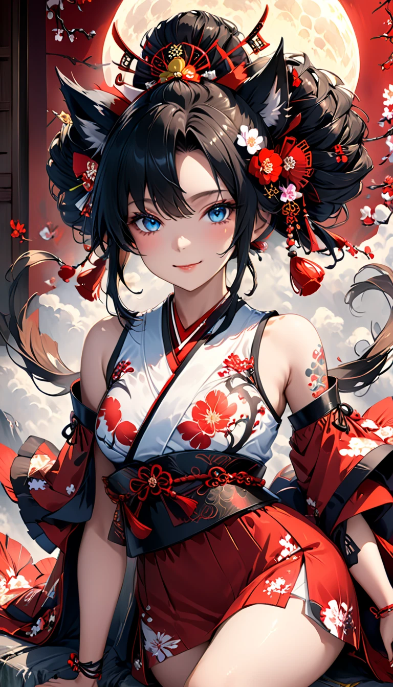 Ink painting, (((1 girl))), (((Tattoo in the middle of the forehead))),(((In the background is the Akatsuki moon))), (((Oiran))), (((Great hair accessories))), Demon possession, ((Masterpiece:1.2)), ((Highest quality)), Extremely detailed and delicate illustration style, Detailed leather texture, Detailed canvas texture, Very detailed description, (Masterpiece T), Extremely beautiful illustration, Highly detailed face, Raw image, professional, Ultra-high resolution panel, Complex details, Superior detail, Intricate decoration details, Perfect anatomy, real, figure、Blush,He smiles、Red poetry、long hair、usual clothes、Combat uniform、Visible collarbone、Beautiful feet、usual hairstyle、Highest quality, High accuracy, Unity wallpaper 8k, (figure:0.8), (Beautiful and beautiful eyes:1.6), Highly detailed face, Perfect lighting, Highly detailed CG, (Perfect hands, Perfect anatomy),