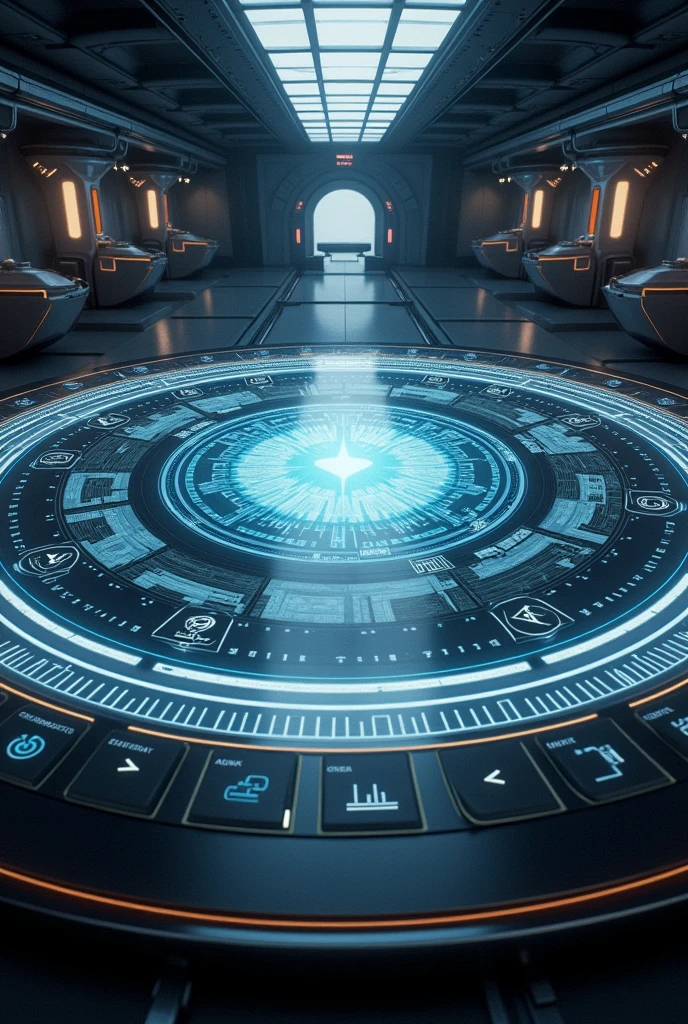 Circluar large main screen viewer complemented by a thin halo for icons and more than six additional portals positioned on the outer rim