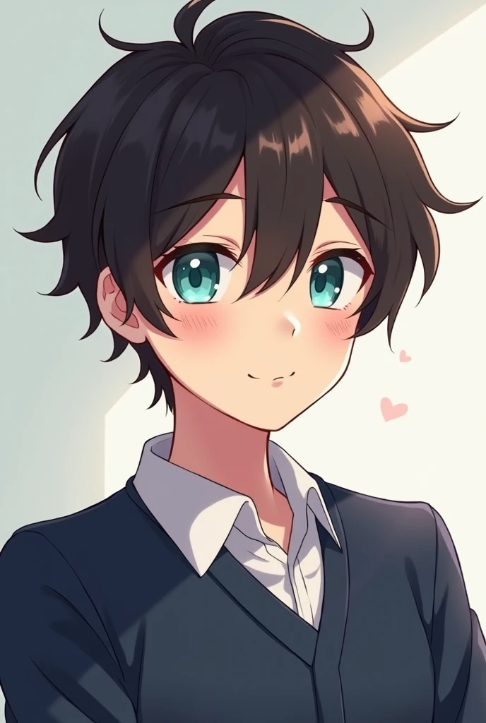 Chico, male gender, like , dark brown wavy hair, turquoise eyes, He wears a navy blue school uniform, he is very blushing. anime style.