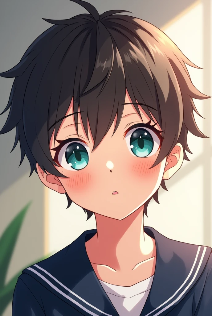 Chico, male gender, like , dark brown wavy hair, turquoise eyes, He wears a navy blue school uniform, he is very blushing. anime style.