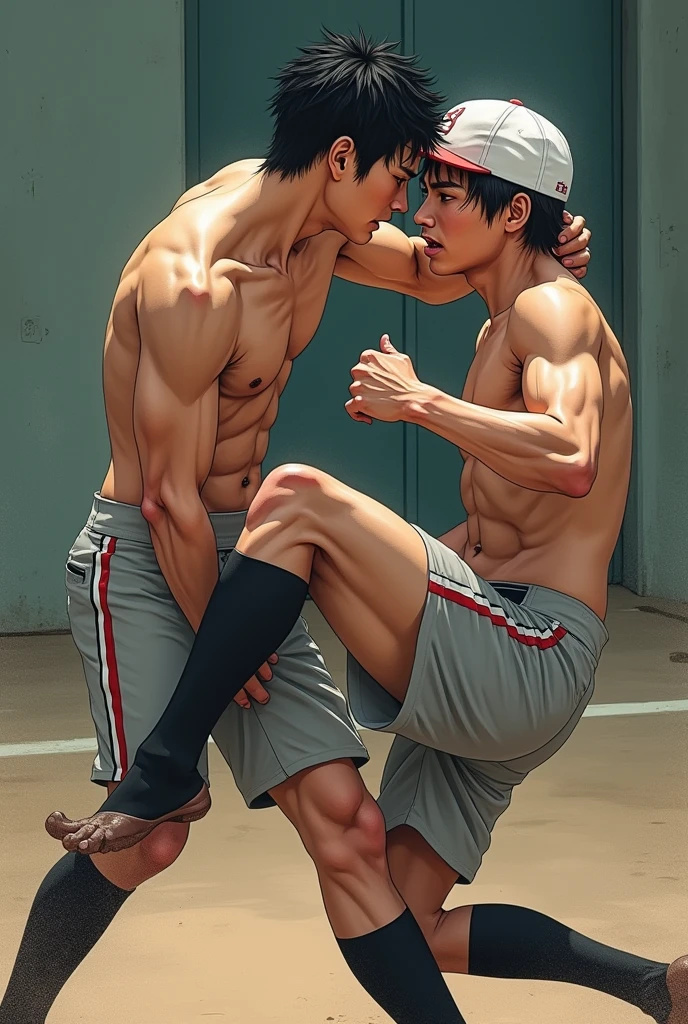 male、2 people、Asian、Baseball club、Shorts、Long black socks、Stomp on someone&#39;s face with a sock