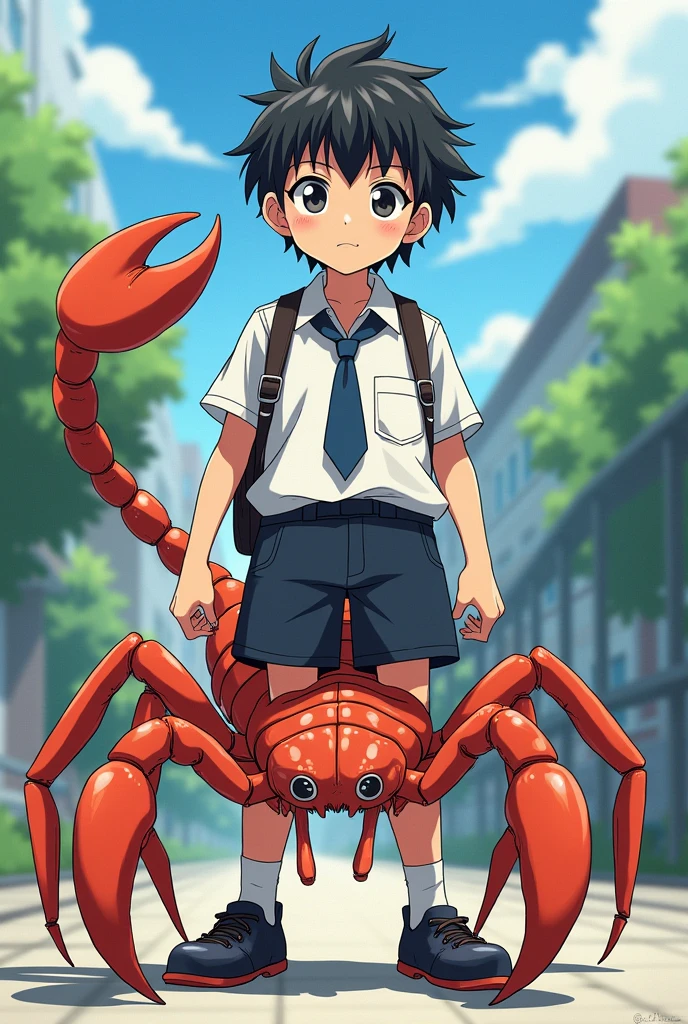 A boy's lower_body is transformed into a scorpion(Japanese anime style)(drider)(student costume)(eight legs)(entire spider_body)