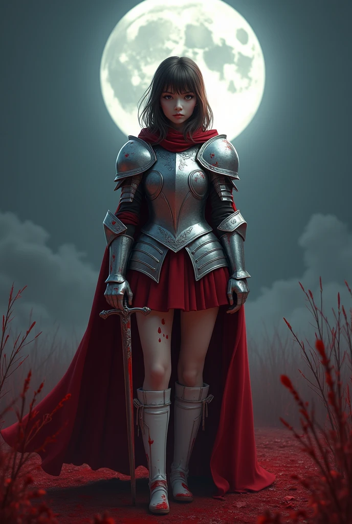 8k,one person's, alone,(Perfect Anatomy:1.43), (Medium Hair:1.55) ,(Half Up:1.45),bangs, Brown eyes,Beautiful Eyes,(Sad Smile:1.3),White knee socks,(Brown Hair:1.6),blood stained boots,(1:1.5),whole body,(A combination of blood-white silver full plate armor and a long blood-stained cloak.:1.63),(Exposing shoulders:1.5),(mini skirt:1.26),(With a blood-stained rapier in hand:1.43),(A bloody battlefield on a moonlit night:1.52),Fantasy,(Blood Effect:1.53),throw,Eye level,(Cast a Shadow:1.21)