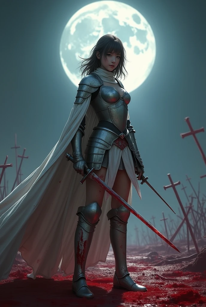 8k,one person's, alone,(Perfect Anatomy:1.43), (Medium Hair:1.55) ,(Half Up:1.45),bangs, Brown eyes,Beautiful Eyes,(Sad Smile:1.3),White knee socks,(Brown Hair:1.6),blood stained boots,(1:1.5),whole body,(A combination of blood-white silver full plate armor and a long blood-stained cloak.:1.63),(Exposing shoulders:1.5),(mini skirt:1.26),(With a blood-stained rapier in hand:1.43),(A bloody battlefield on a moonlit night:1.52),Fantasy,(Blood Effect:1.53),throw,Eye level,(Cast a Shadow:1.21)