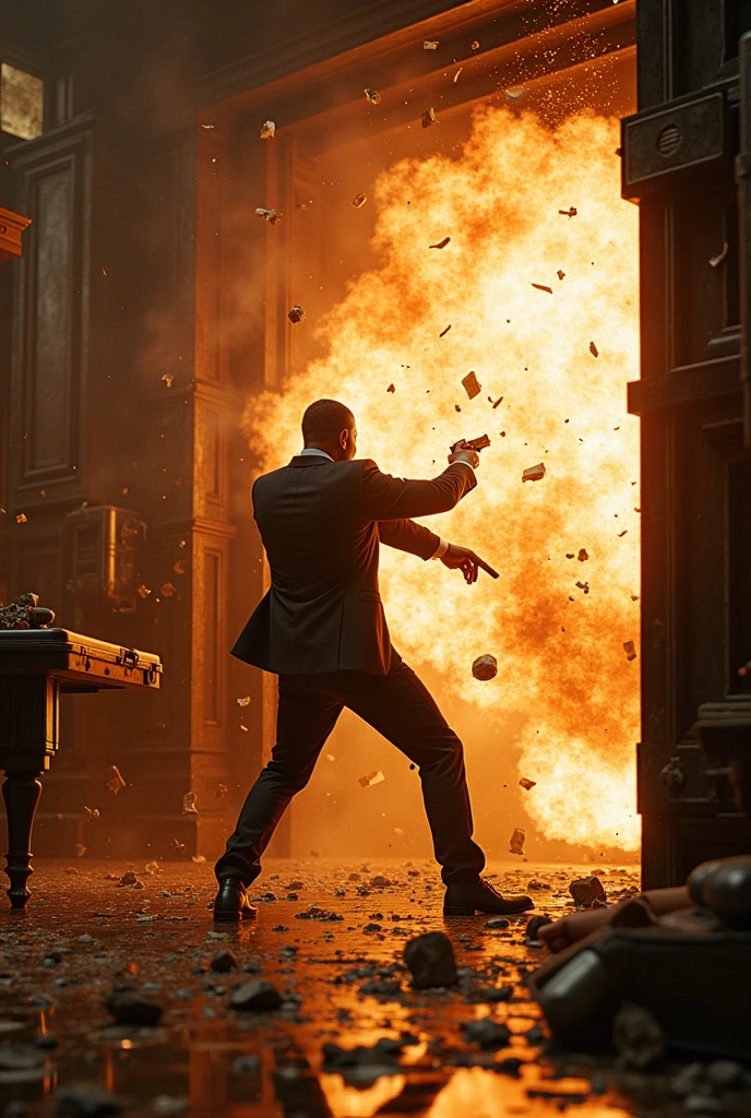An explosion shakes the bank vault area as Will Smith fights off guards with a combination of skillful combat and improvised weapons." More
