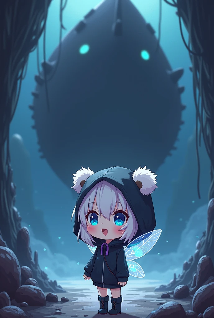 Chibi,cute,간단한 ship경,1 woman, alone,  looking for_~to_viewer, open_mouth,, long_Sleeve, jacket, saturated_body, White_pigtails, Boots, Hood, Chibi, Black color_footwear, Black color_jacket, blue_eye,  colo red_skin, Hooded_jacket, Cloak, Abyss_ship, performance, Hood_consolation, White_skin, 곰 White 귀, Transparent fairy wings