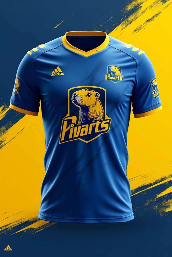 create football shirt for a team named PIVARTS having primary color blue and secondary color yellow , more detail, enhanced, poakl, publishing capybara mascot 