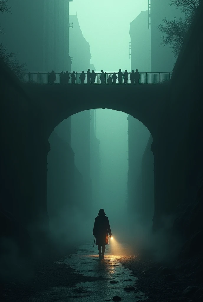 Photo of a bridge with two sides, One side is dark , There are many people standing over there.. And there was only one person holding a flashlight walking towards the bridge.. There is no one on the bridge.. Let two or three more people in.