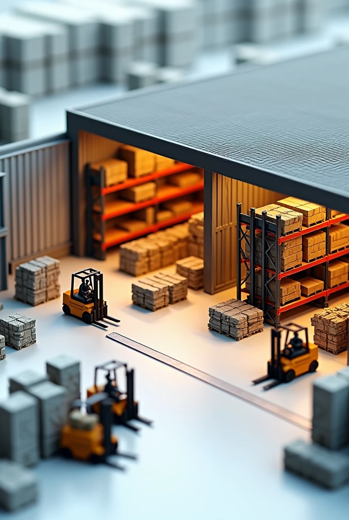 Model of a mock-up with open flow configuration with space for cross-docking with normal shelving, Floor storage and cantilever racking that includes the use of forklifts that have a south-facing reception door and a west-facing dispatch door. Type of dynamic storage system with exterior space for a container yard (at least 10)