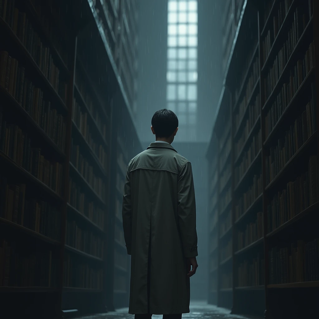 A tall, slim man turn straight ahead with short dark hair, dressed in a raincoat and a white shirt underneath. He stands in a midnight library while rain falling on the window.