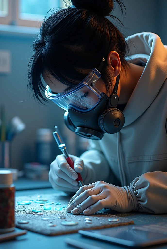 Resin artist with black hair wearing a chemical mask and gloves
Add my brand logo in the background “Trinklets” on instagram