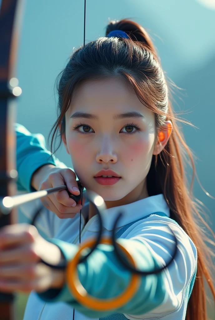 Women's archery at the Olympics,Korean team,1 beauty,Delicate facial features,cute,White skin,Long hair,full-body shot,Panoramic vistas,Wide-angle lens,Olympic Games venue,Professional equipment,Focus,Ten rings,Olympic competition background