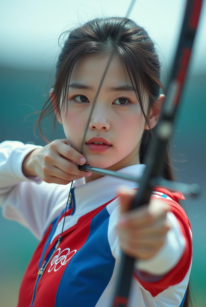 Women's archery at the Olympics,Korean team,1 beauty,Delicate facial features,cute,White skin,Long hair,full-body shot,Panoramic vistas,Wide-angle lens,Olympic Games venue,Professional equipment,Focus,Ten rings,Olympic competition background