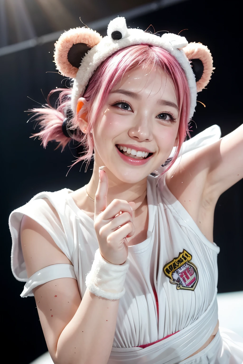 realistic, on the stage of the concert, brightly lit by spotlights on the stage, extremely bright lighting, wearing mascot headgear like an otter on head, wearing otter-like mascot-costume on the whole body, jumping, pink hair, pigtail hairstyle, hair is blowing in the wind, hair is shaggy and dishevelled, beautiful white-colored translucent skin and face, sweat splashes, glamorous figure, heavy and vivid makeup, small nose, smooth shaped jawline, glossy face, heavy flushed cheeks, big smile, close-up shot