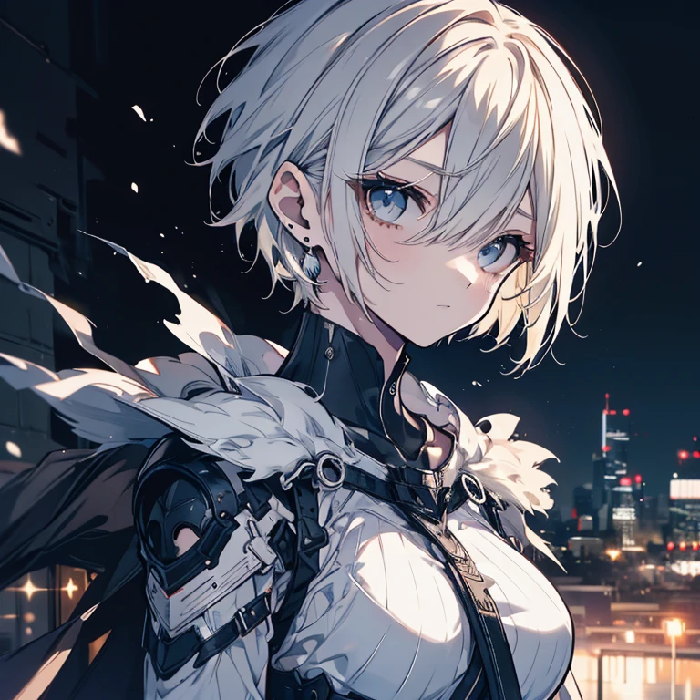 1 person、Mature、Ample breasts、Short Hair、short hair、White Hair、Boyish、neutral、cool、Black costume、Shoulder Bare、Armament、Moonlit Night、Earrings、Serious face、Downtown、Night view、High resolution、Highest quality、