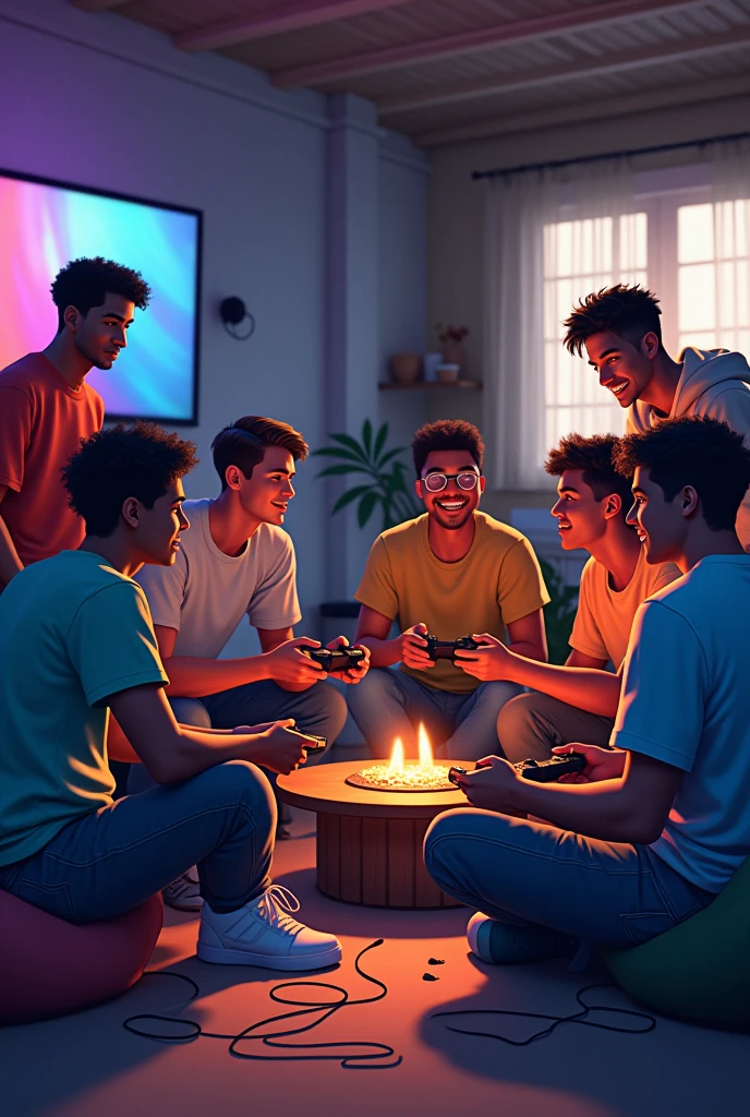 A group of gamer boys hanging out some of them are black some are white and some are asian