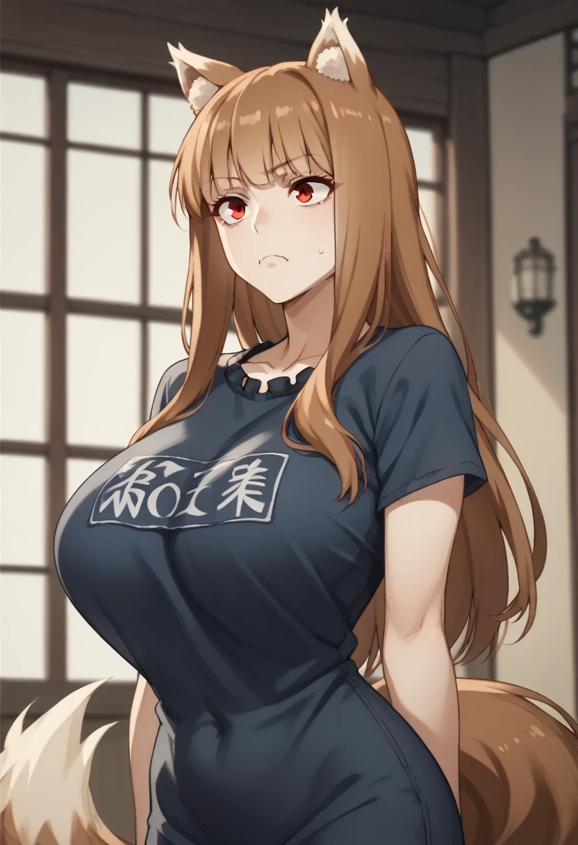 Brown Hair,Long Hair,Red eyes, Wolf Girl,Wolf Ears,Wolf's tail、Huge breasts、T-shirt maxi dress、Troubled face