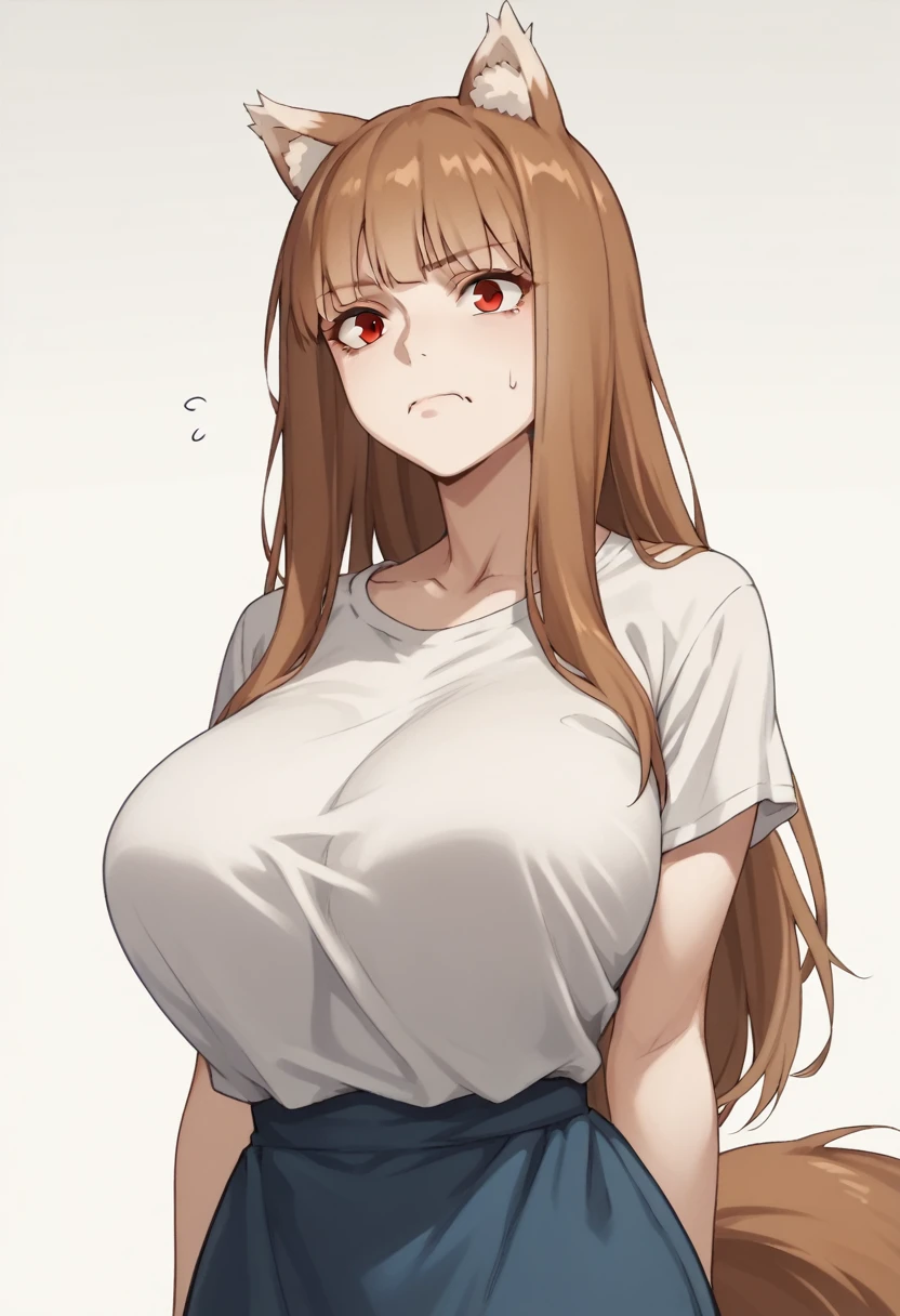 Brown Hair,Long Hair,Red eyes, Wolf Girl,Wolf Ears,Wolf's tail、Huge breasts、T-shirt maxi dress、Troubled face