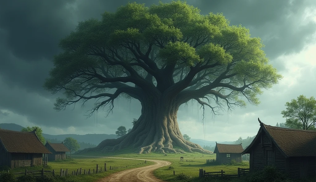 A majestic tree in the middle of the village and has deep root, struggling in the strong wind , it's branches are swaying here and there, and there is black and dark cloud,