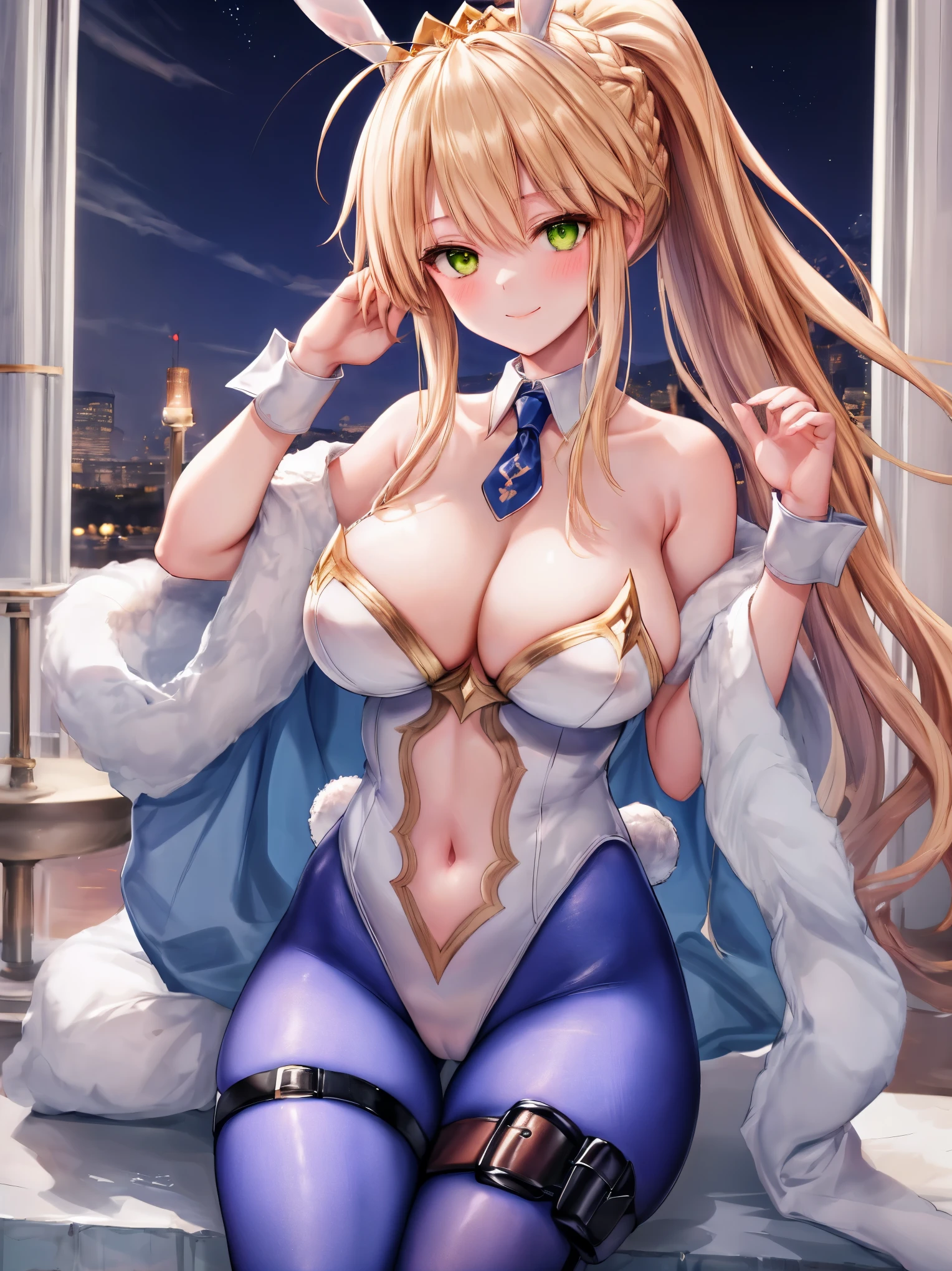 masterpiece, best quality, absurdres, soft lighting, looking at viewer, solo, light_smile, shy,
1girl, ahoge, rabbit ears, playboy bunny, artoria pendragon \(swimsuit ruler\) \(fate\), large breasts , blonde hair, green eyes, french braid, pony tail
bare shoulders, large breasts , cleavage,
clothing cut out, wrist cuffs, detached collar, navel cutout, feather boa,
white leotard, blue necktie, blue pantyhose, single thigh strap, hands_on_head,put_hands_up,
squat,gorgeous_fountain_landscape_background,solo,rabbit_posing,large_thighs,Extend_fingers,palm,open_legs,.solo